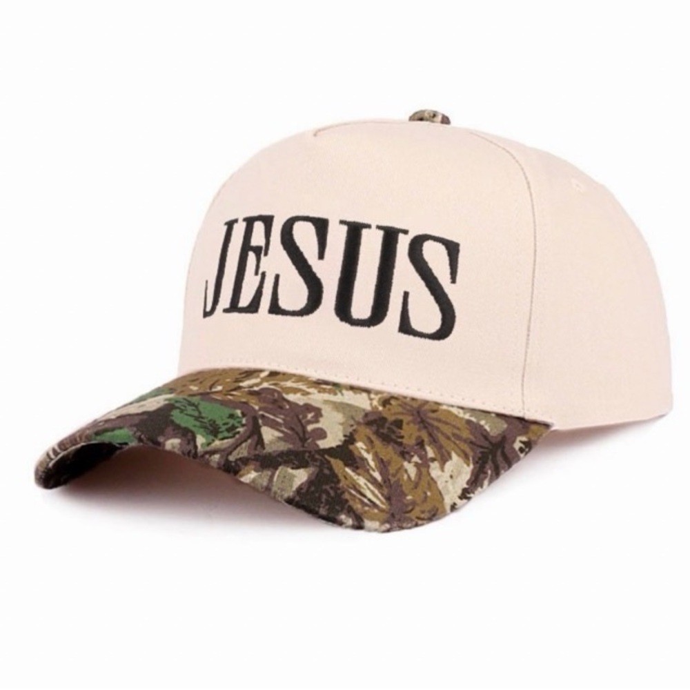 Nwt Camo Brim Beige Jesus Cap with adjustable strap